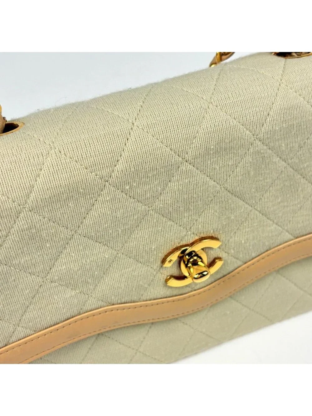 Chanel Shoulder Bag Quilted CC Logo Single Flap Fabric Ivory Beige